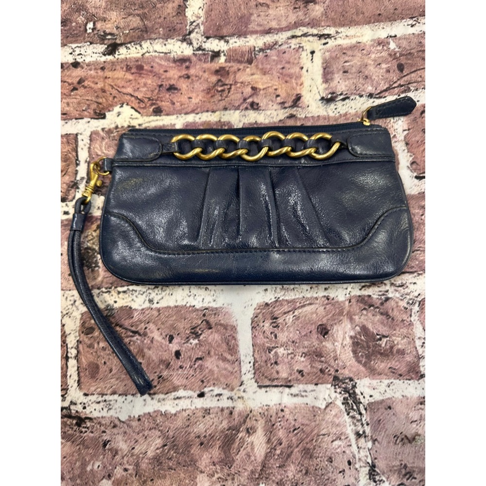 Wilsons Leather Navy Blue Wristlet Pouch Gold Chain Accent‎ Clutch